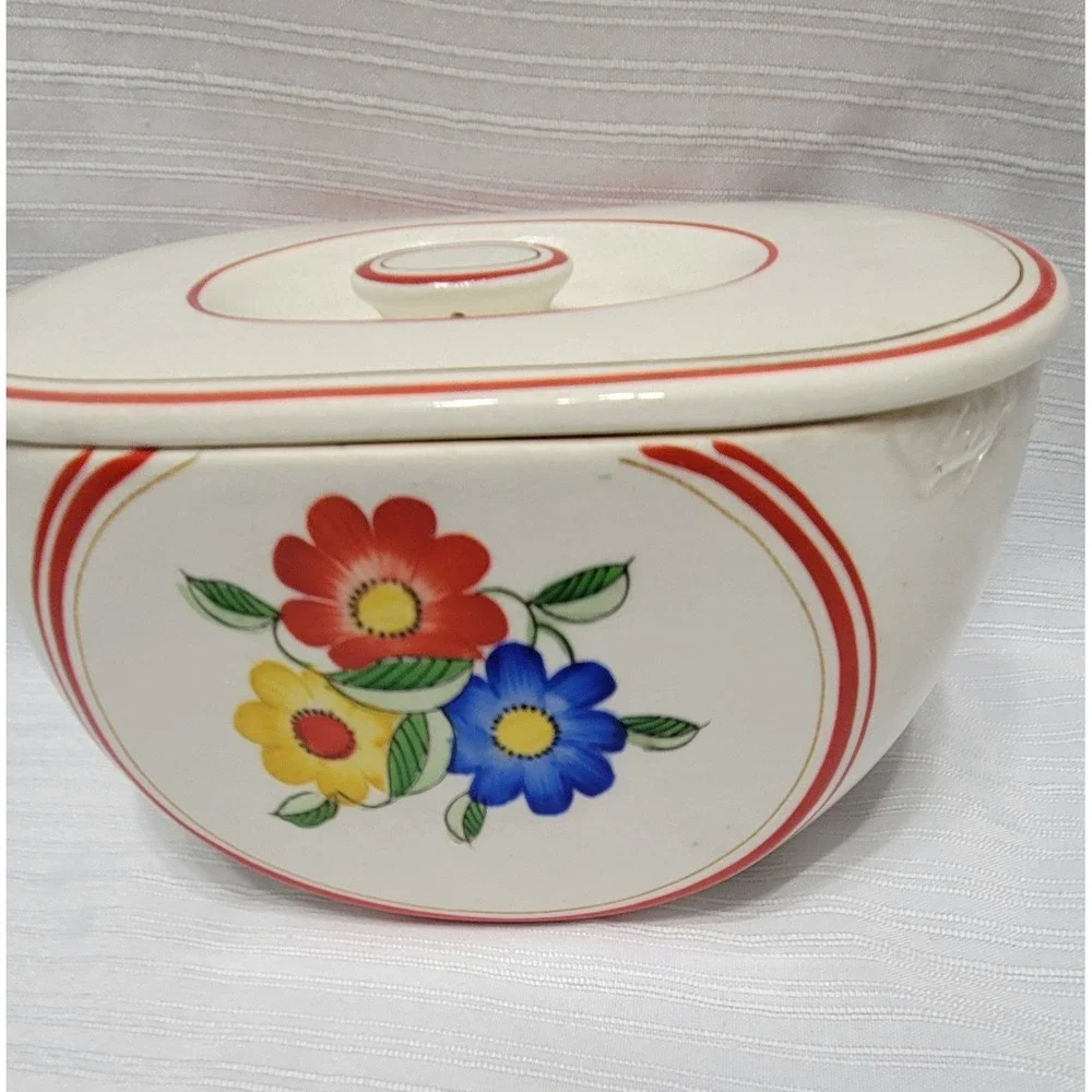 Vintage Floral Ceramic Nesting Canister Set 7pc Cream Red Blue Yellow Shaker